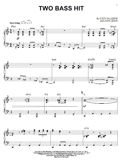 Dizzy Gillespie Two Bass Hit (arr. Brent Edstrom) sheet music notes and chords arranged for Piano Solo