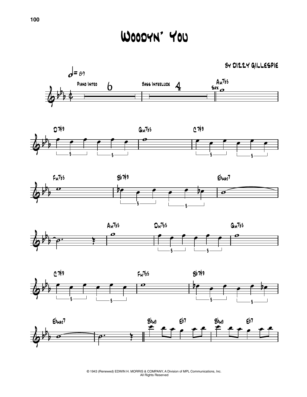 Dizzy Gillespie Woody 'n You sheet music notes and chords arranged for Trumpet Transcription