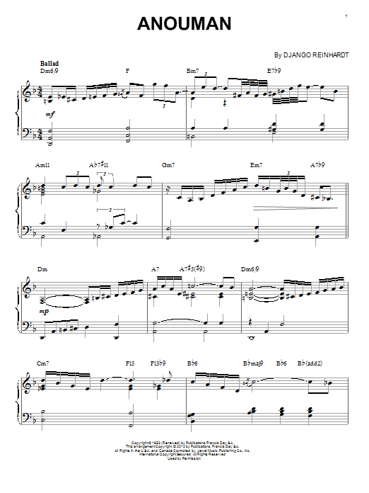 Django Reinhardt Anouman (arr. Brent Edstrom) sheet music notes and chords arranged for Piano Solo