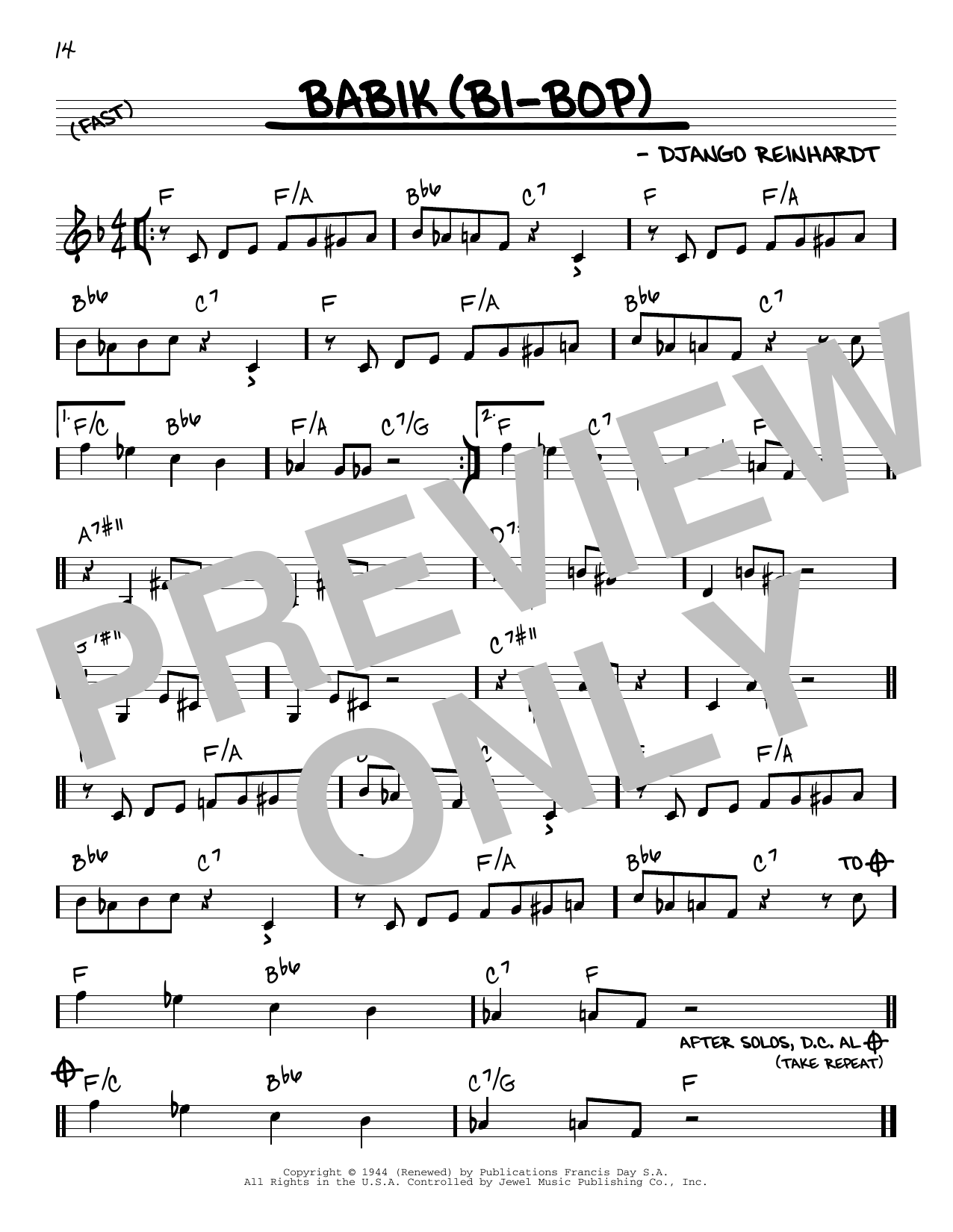 Django Reinhardt Babik (Bi-Bop) sheet music notes and chords arranged for Real Book – Melody & Chords