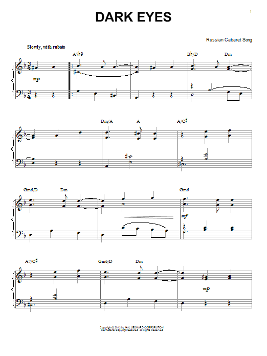 Django Reinhardt Dark Eyes (arr. Brent Edstrom) sheet music notes and chords arranged for Piano Solo