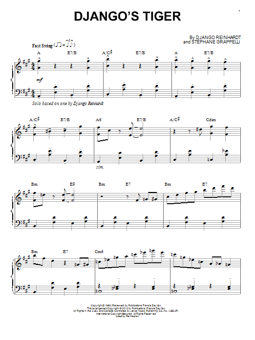 Django Reinhardt Django's Tiger (arr. Brent Edstrom) sheet music notes and chords arranged for Piano Solo