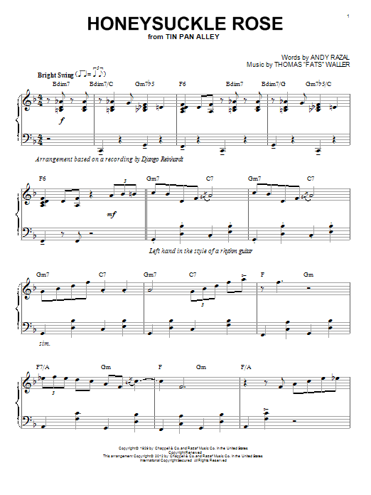 Django Reinhardt Honeysuckle Rose (arr. Brent Edstrom) sheet music notes and chords arranged for Piano Solo