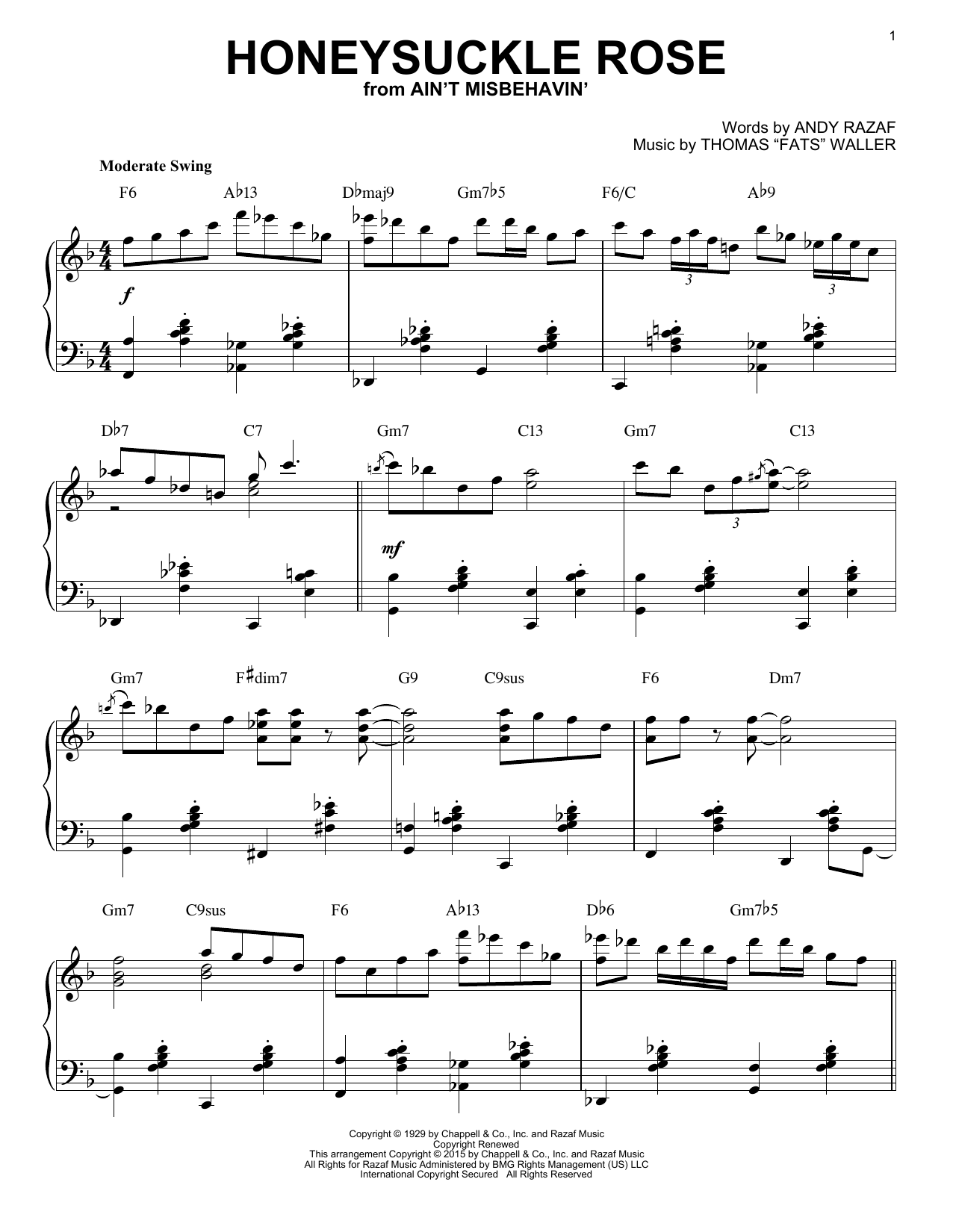 Django Reinhardt Honeysuckle Rose [Stride version] (arr. Brent Edstrom) sheet music notes and chords arranged for Piano Solo