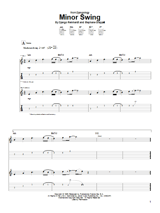 Django Reinhardt Minor Swing sheet music notes and chords arranged for Guitar Tab