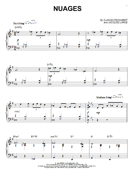 Django Reinhardt Nuages (arr. Brent Edstrom) sheet music notes and chords arranged for Piano Solo