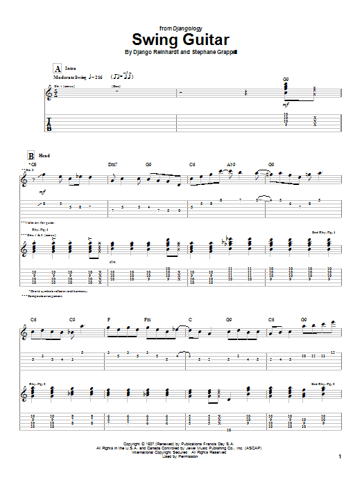 Django Reinhardt Swing Guitar sheet music notes and chords arranged for Guitar Tab