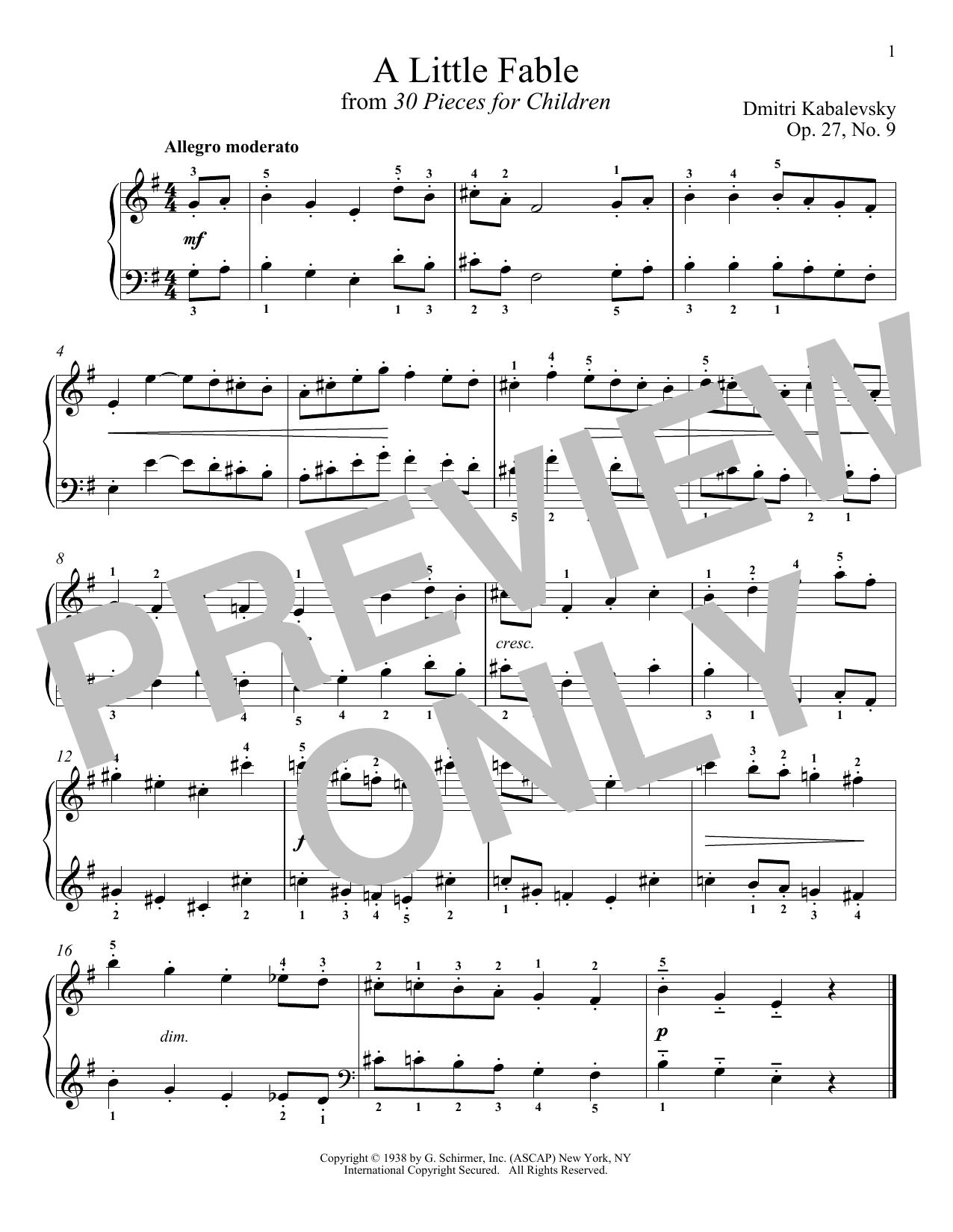 Dmitri Kabalevsky A Little Fable sheet music notes and chords arranged for Piano Solo