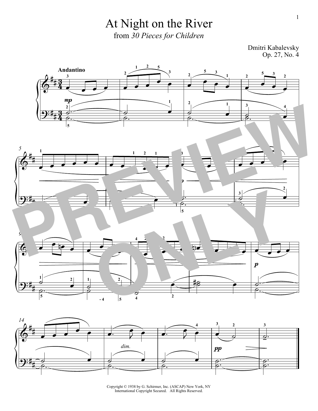 Dmitri Kabalevsky At Night On The River sheet music notes and chords arranged for Piano Solo