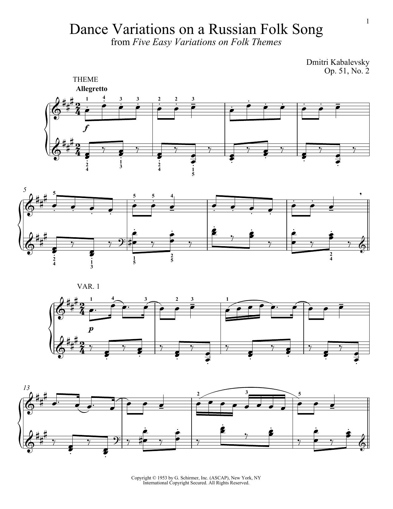 Dmitri Kabalevsky Dance Variations On A Russian Folk Song, Op. 51, No. 2 sheet music notes and chords arranged for Piano Solo