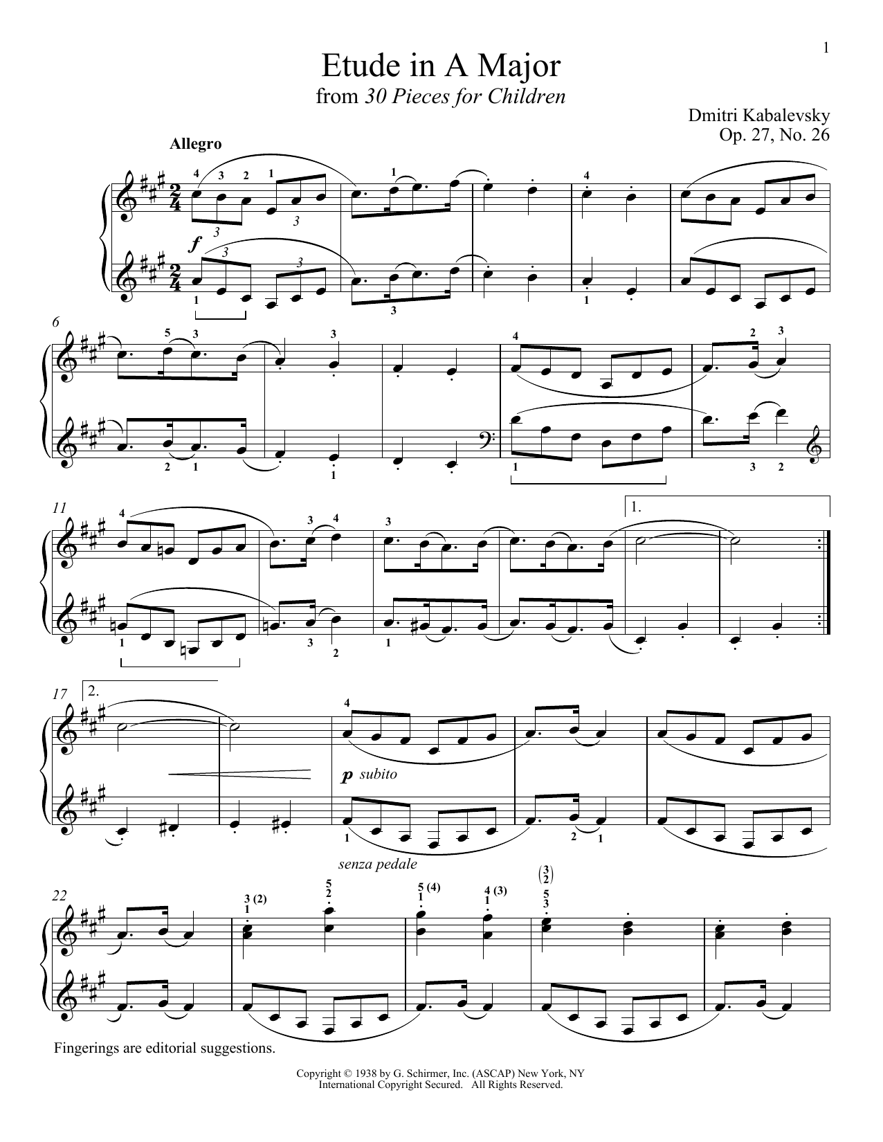 Dmitri Kabalevsky Etude In A Major, OP. 27, No. 26 sheet music notes and chords arranged for Piano Solo