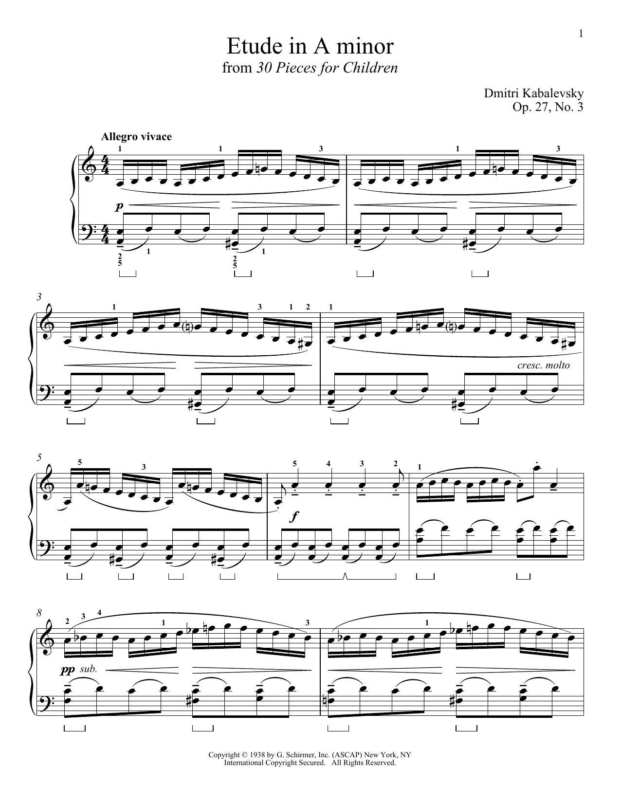 Dmitri Kabalevsky Etude In A Minor sheet music notes and chords arranged for Piano Solo