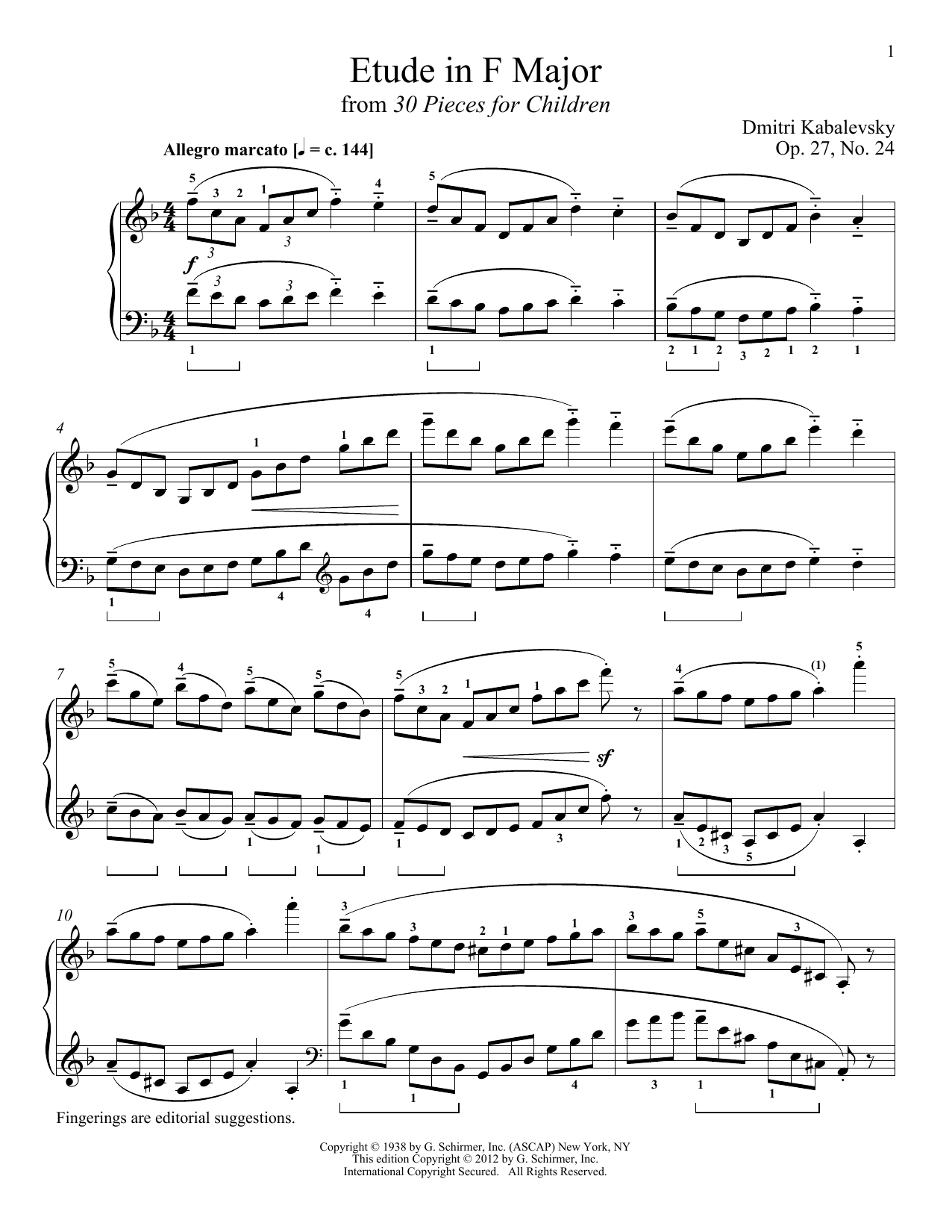 Dmitri Kabalevsky Etude In F Major sheet music notes and chords arranged for Piano Solo