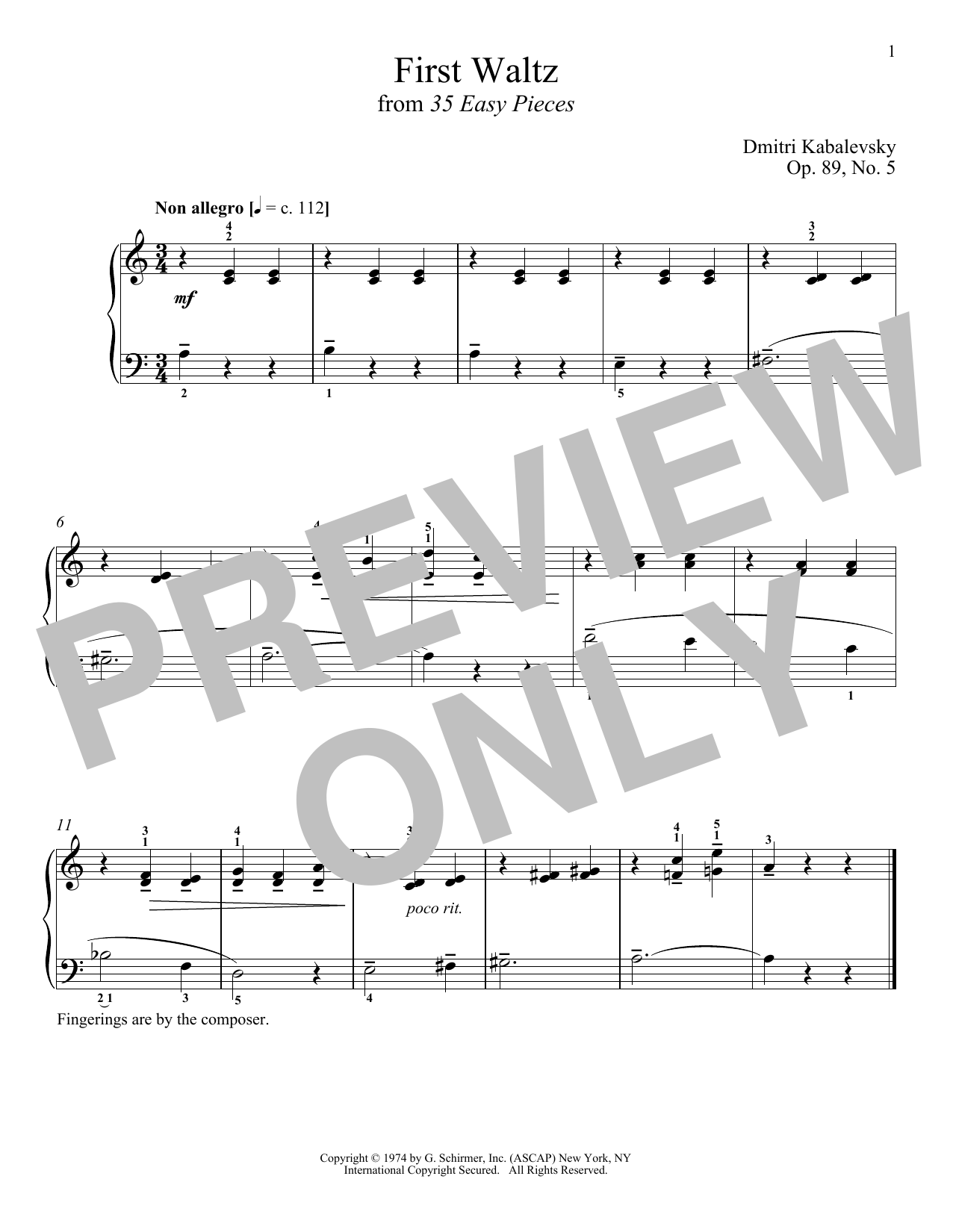 Dmitri Kabalevsky First Waltz sheet music notes and chords arranged for Piano Solo