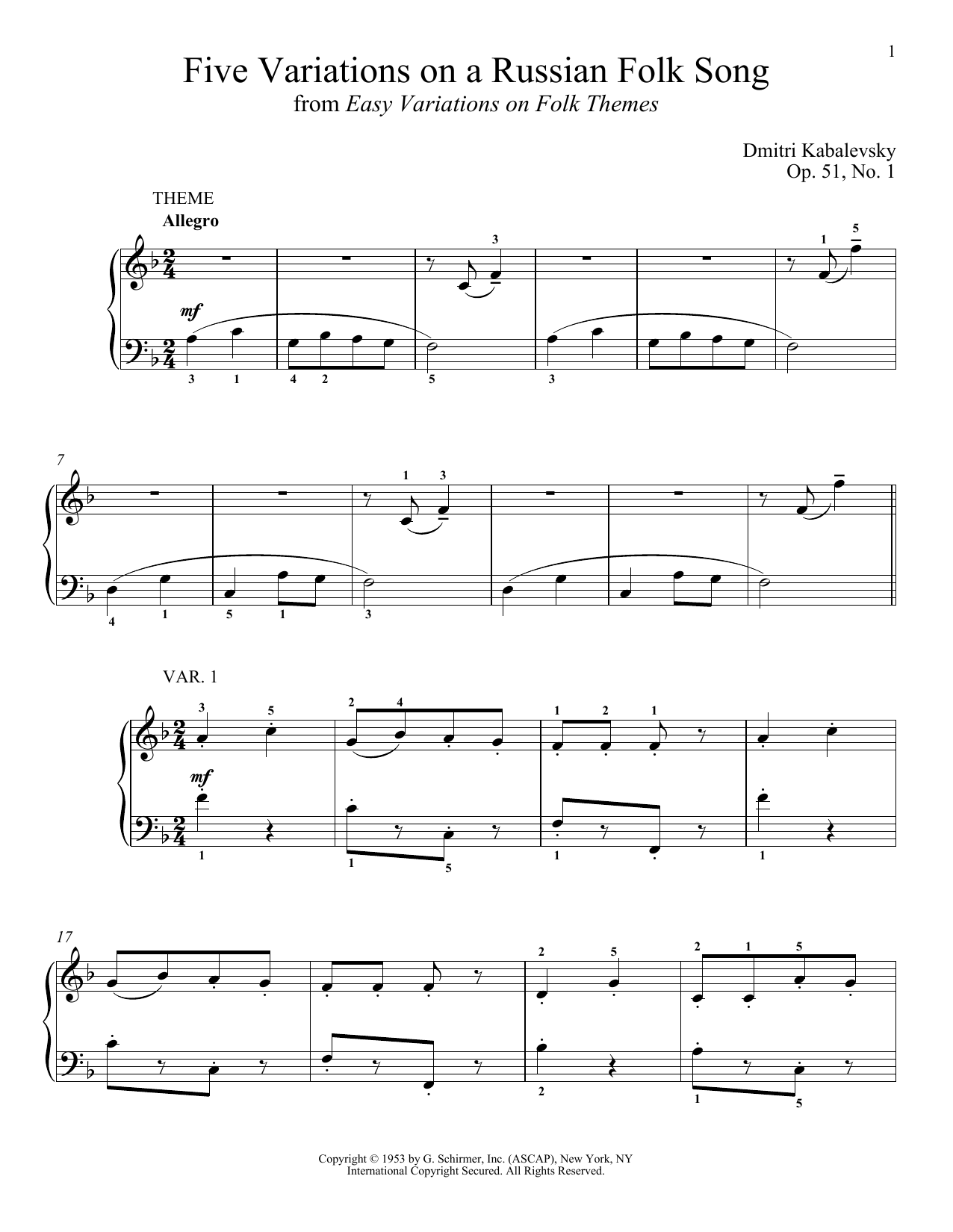 Dmitri Kabalevsky Five Variations On A Russian Folk Song, Op. 51, No. 1 sheet music notes and chords arranged for Piano Solo