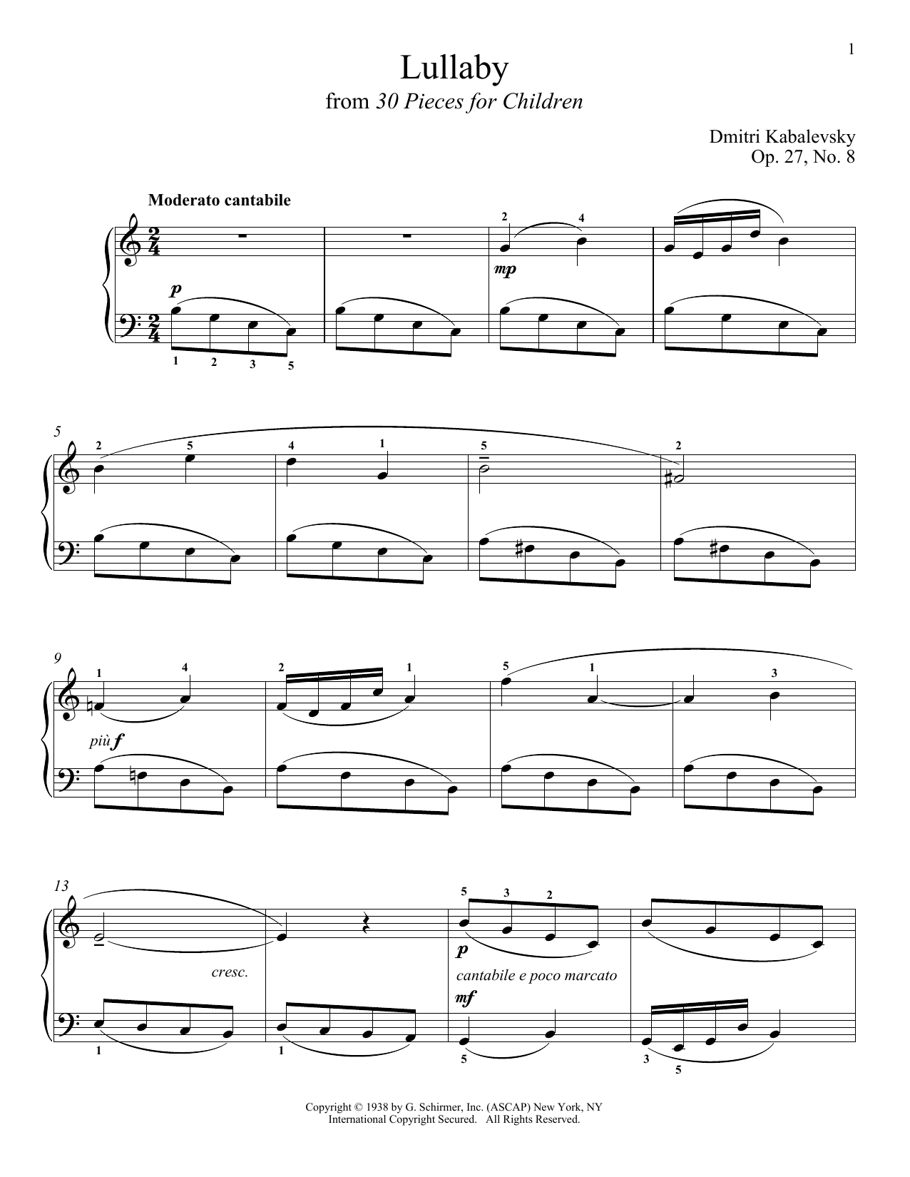 Dmitri Kabalevsky Lullaby sheet music notes and chords arranged for Piano Solo
