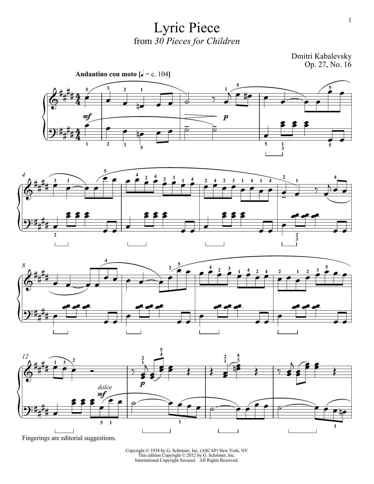 Dmitri Kabalevsky Lyric Piece sheet music notes and chords arranged for Piano Solo