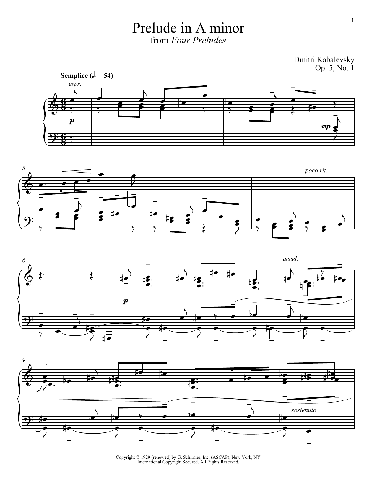 Dmitri Kabalevsky Prelude In A Minor, Op. 5, No. 1 sheet music notes and chords arranged for Piano Solo