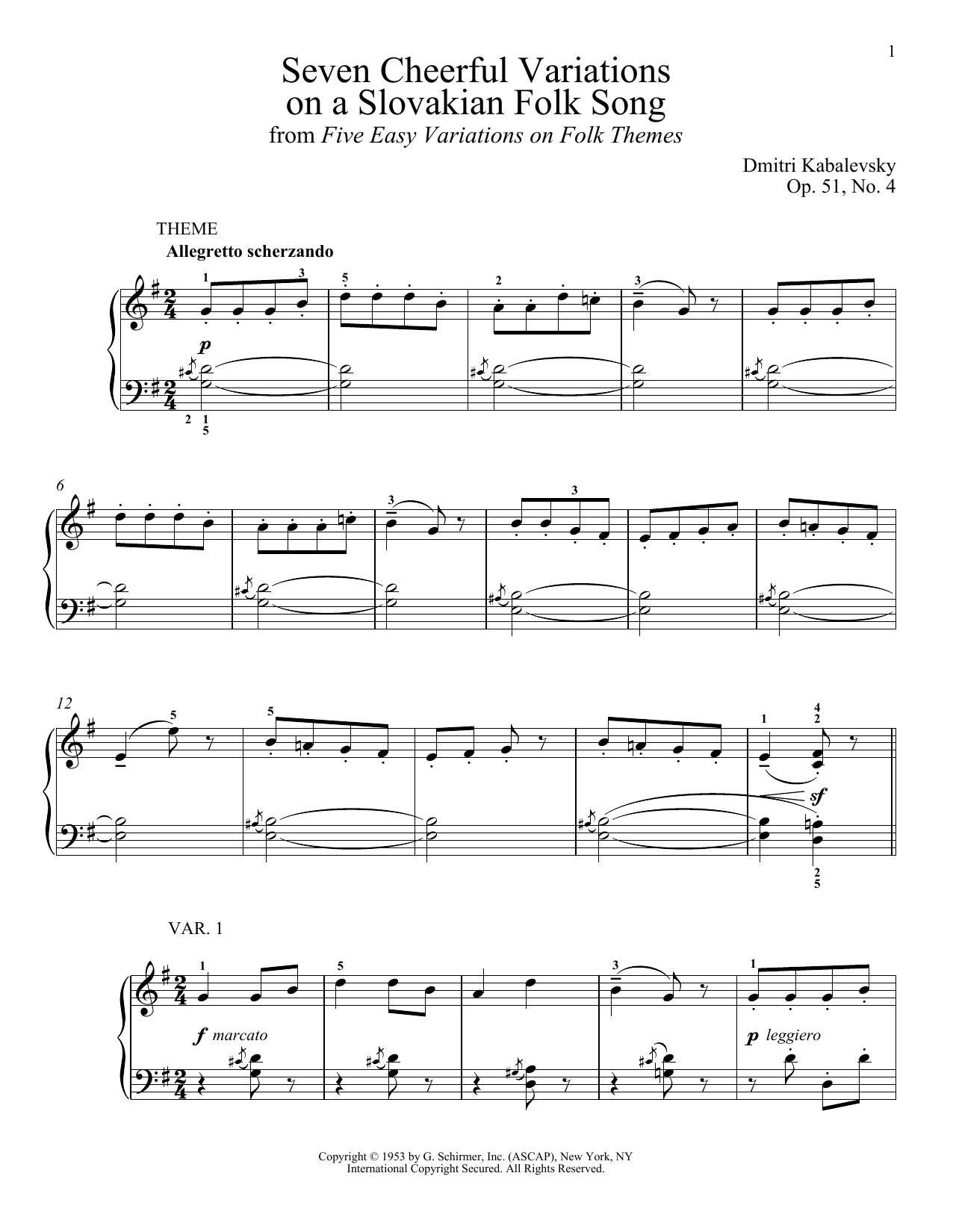Dmitri Kabalevsky Seven Cheerful Variations On A Slovakian Folk Song, Op. 51, No. 4 sheet music notes and chords arranged for Piano Solo