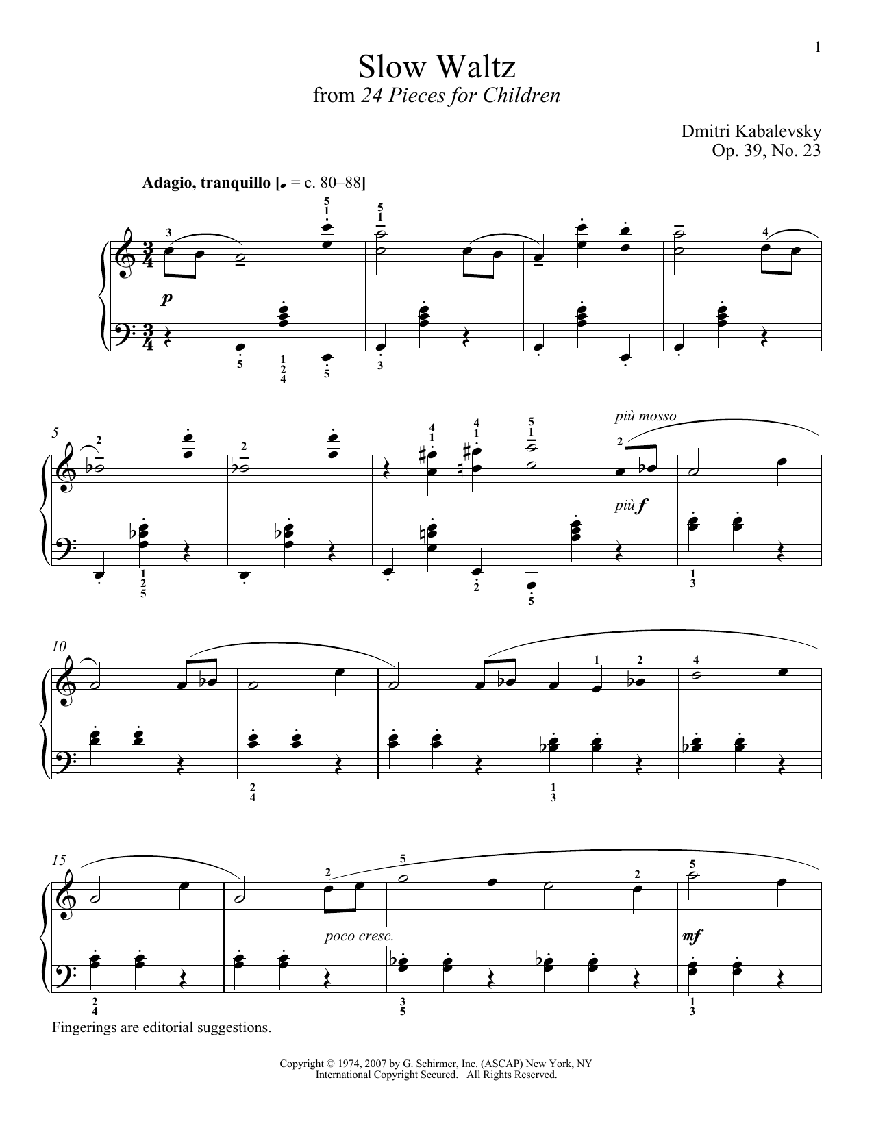 Dmitri Kabalevsky Slow Waltz sheet music notes and chords arranged for Piano Solo