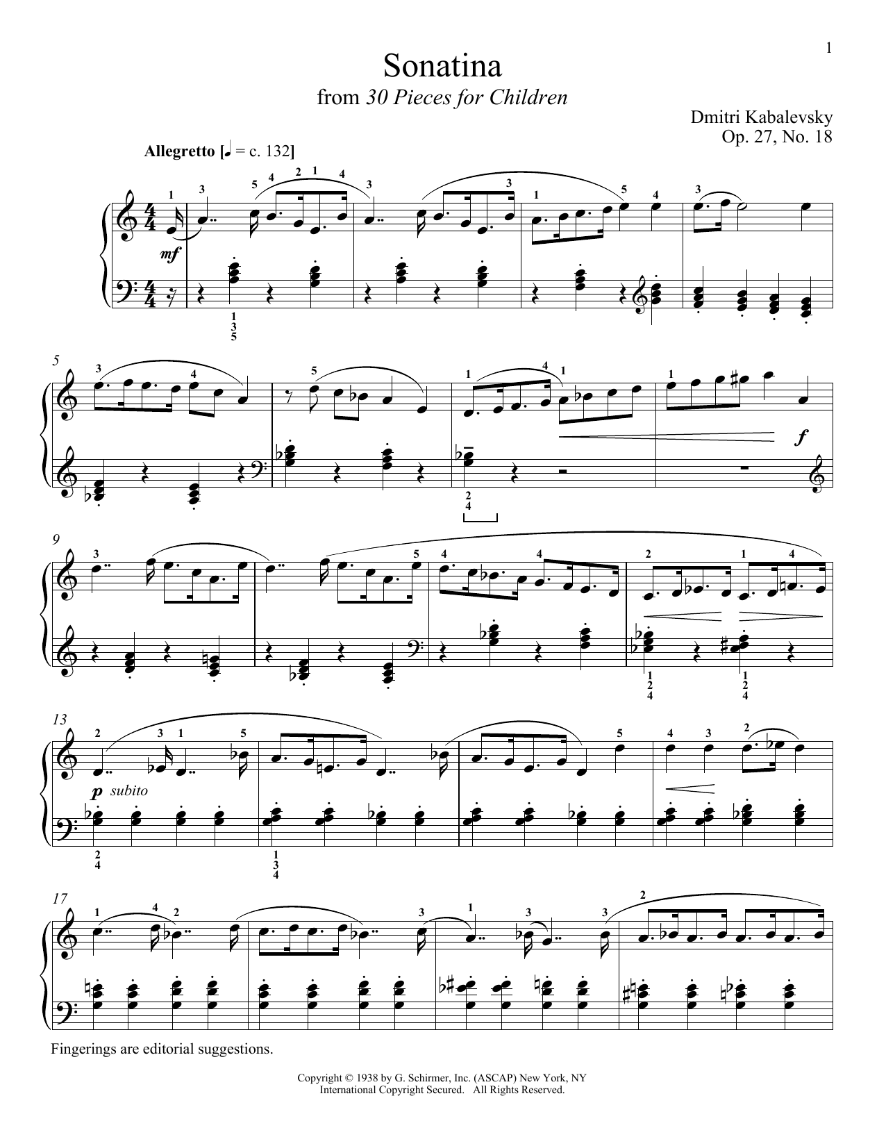 Dmitri Kabalevsky Sonatina sheet music notes and chords arranged for Piano Solo