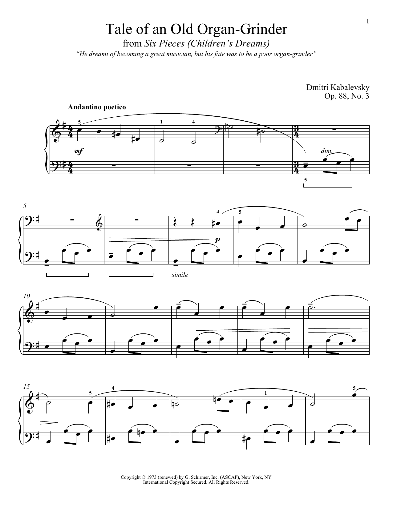 Dmitri Kabalevsky Tale Of An Old Organ-Grinder, Op. 88, No. 3 sheet music notes and chords arranged for Piano Solo