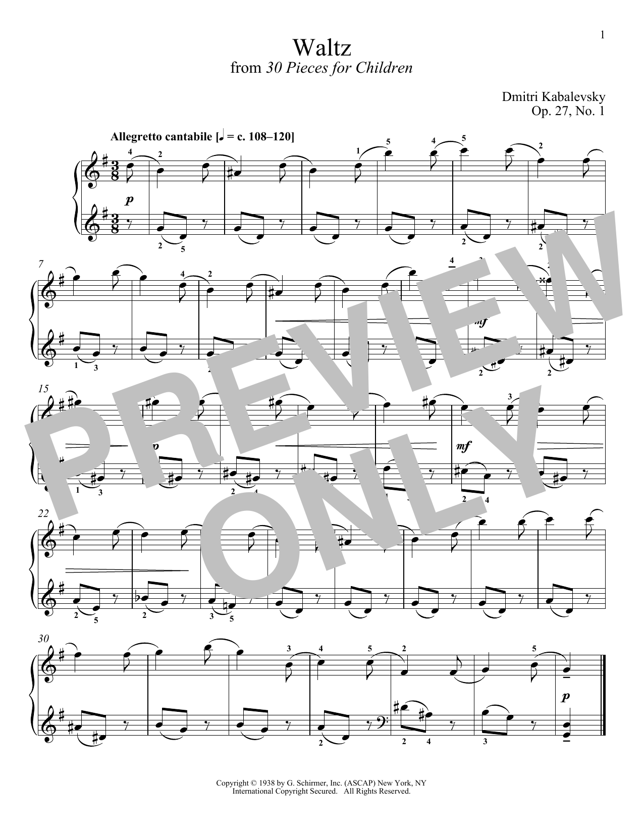 Dmitri Kabalevsky Waltz, Op. 27, No. 1 sheet music notes and chords arranged for Piano Solo