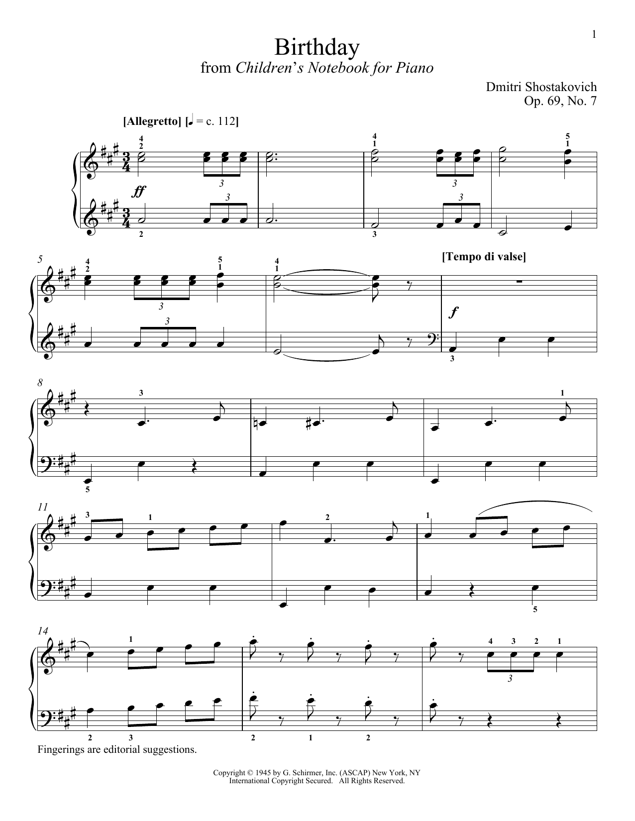 Dmitri Shostakovich Birthday sheet music notes and chords arranged for Piano Solo