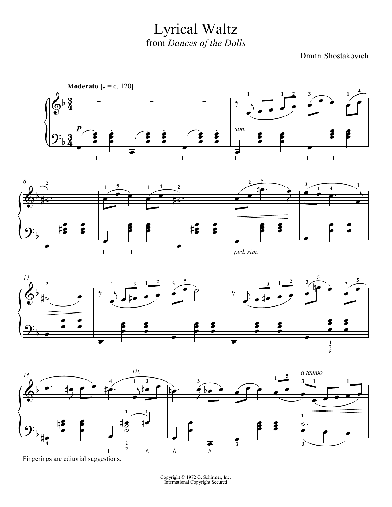 Dmitri Shostakovich Lyrical Waltz sheet music notes and chords arranged for Piano Solo
