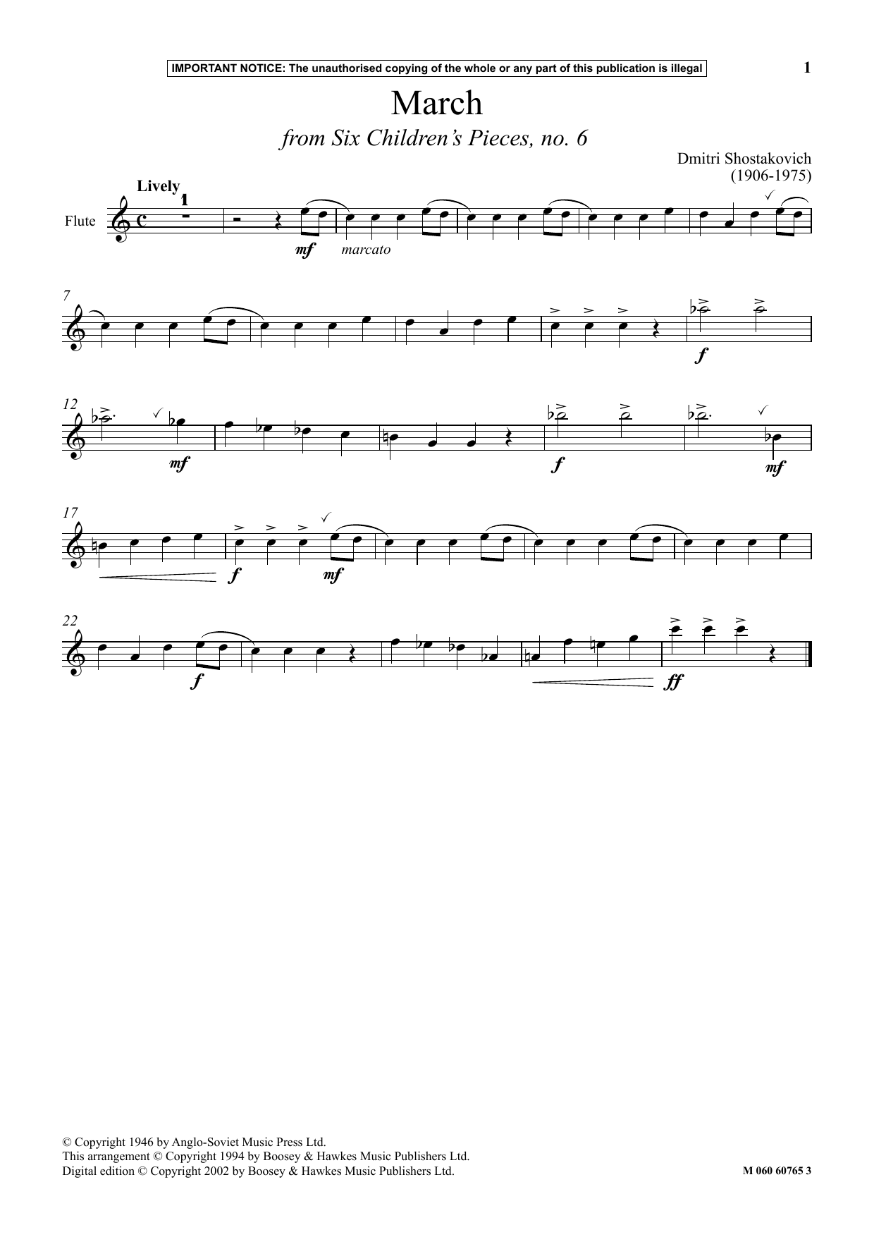 Dmitri Shostakovich March (from Six Children's Pieces, No. 6) sheet music notes and chords arranged for Instrumental Solo