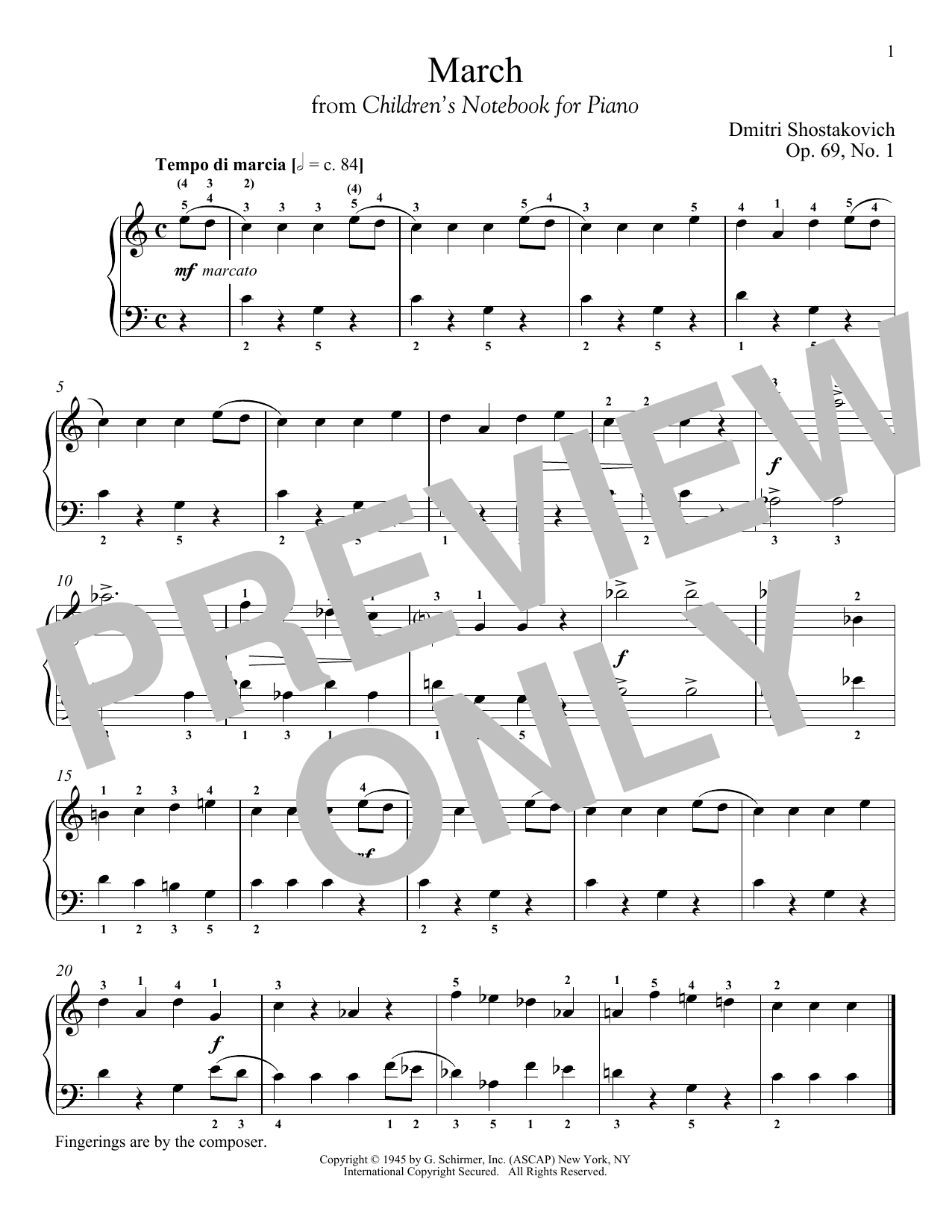 Dmitri Shostakovich March, Op. 69, No. 1 sheet music notes and chords arranged for Piano Solo