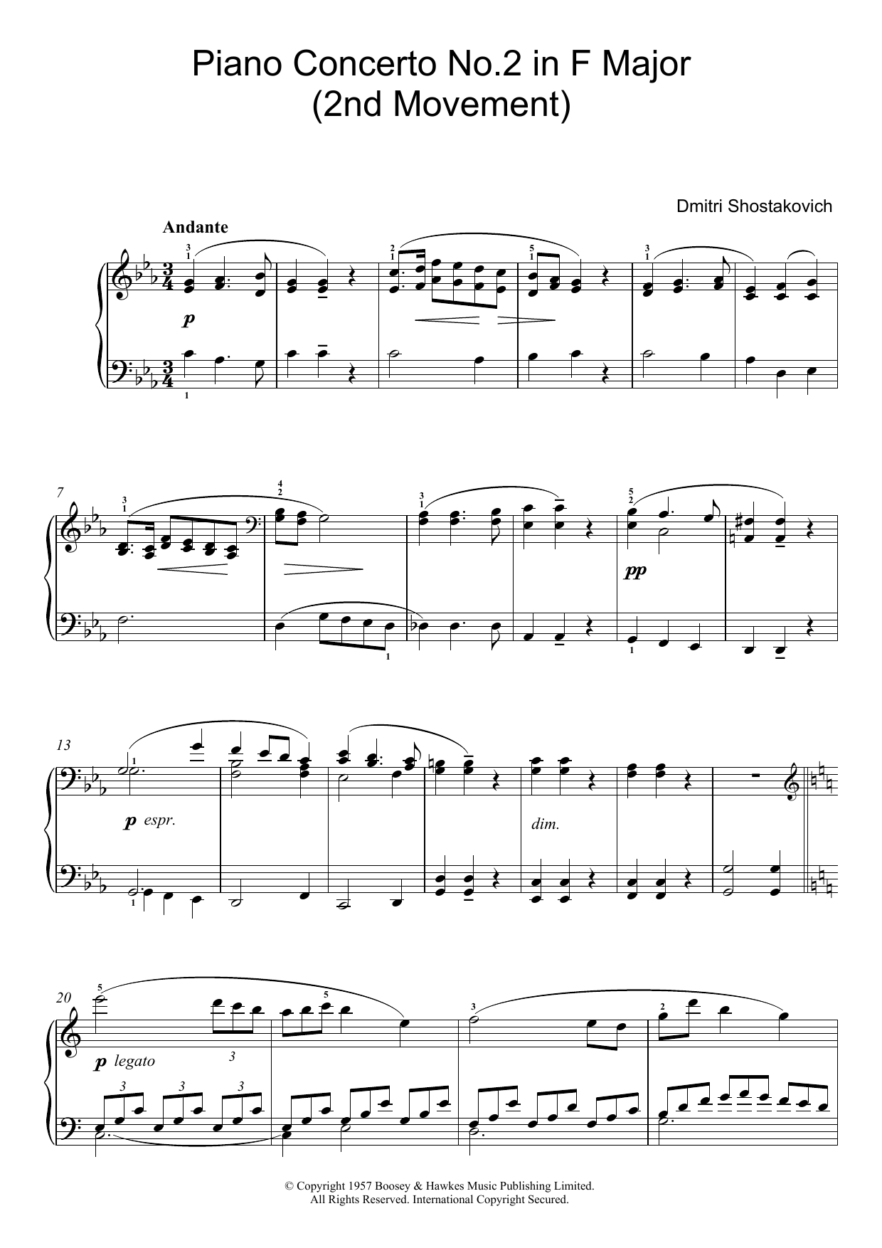 Dmitri Shostakovich Piano Concerto No. 2 in F Major (2nd Movement) sheet music notes and chords arranged for Piano Solo