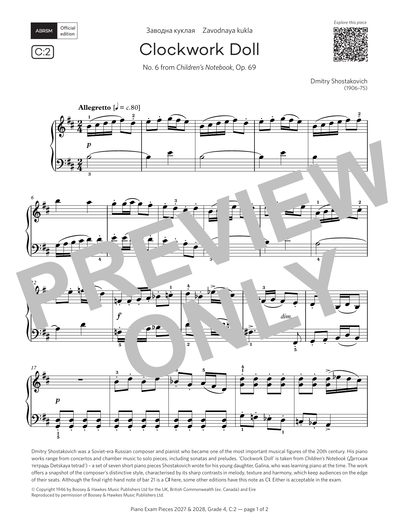 Dmitry Shostakovich Clockwork Doll (Grade 4, list C2, from the ABRSM Piano Syllabus 2027 & 2028) sheet music notes and chords arranged for Piano Solo