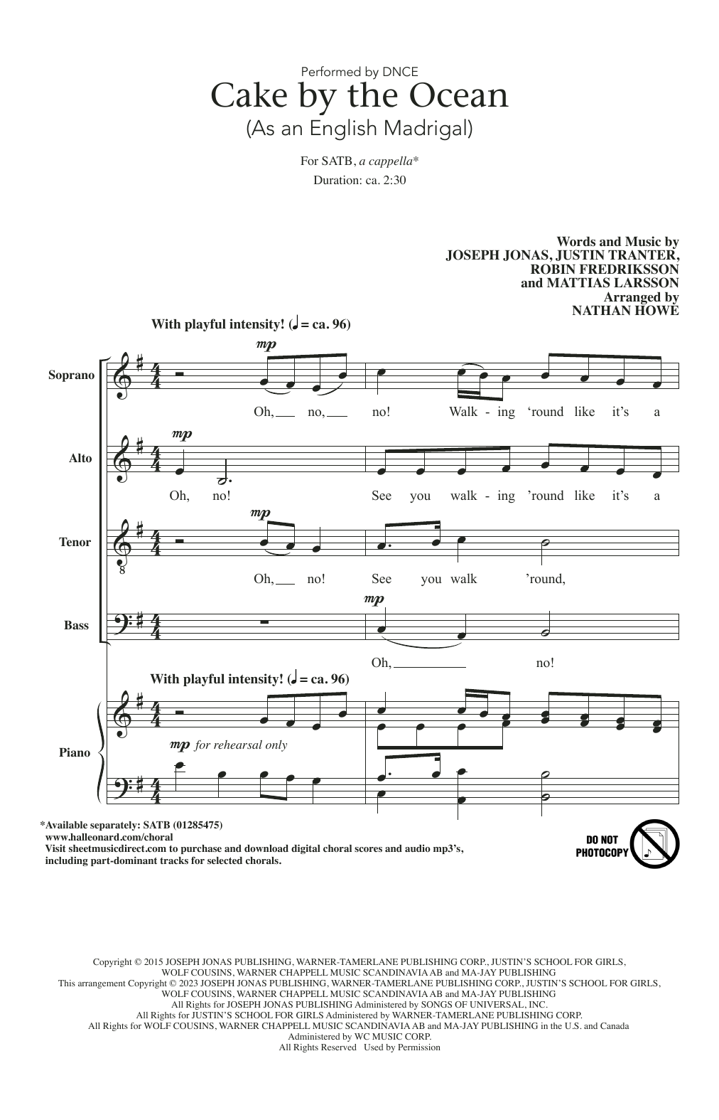 DNCE Cake By The Ocean (As an English Madrigal) (arr. Nathan Howe) sheet music notes and chords arranged for SATB Choir