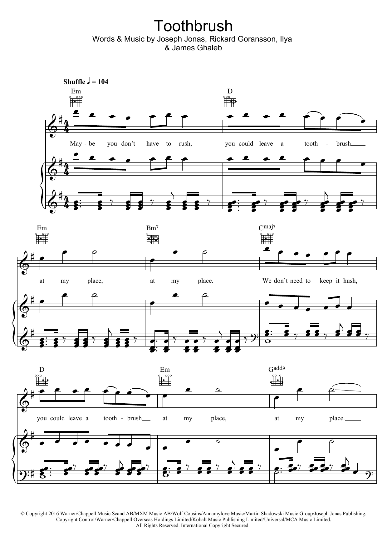 DNCE Toothbrush sheet music notes and chords arranged for Piano, Vocal & Guitar Chords