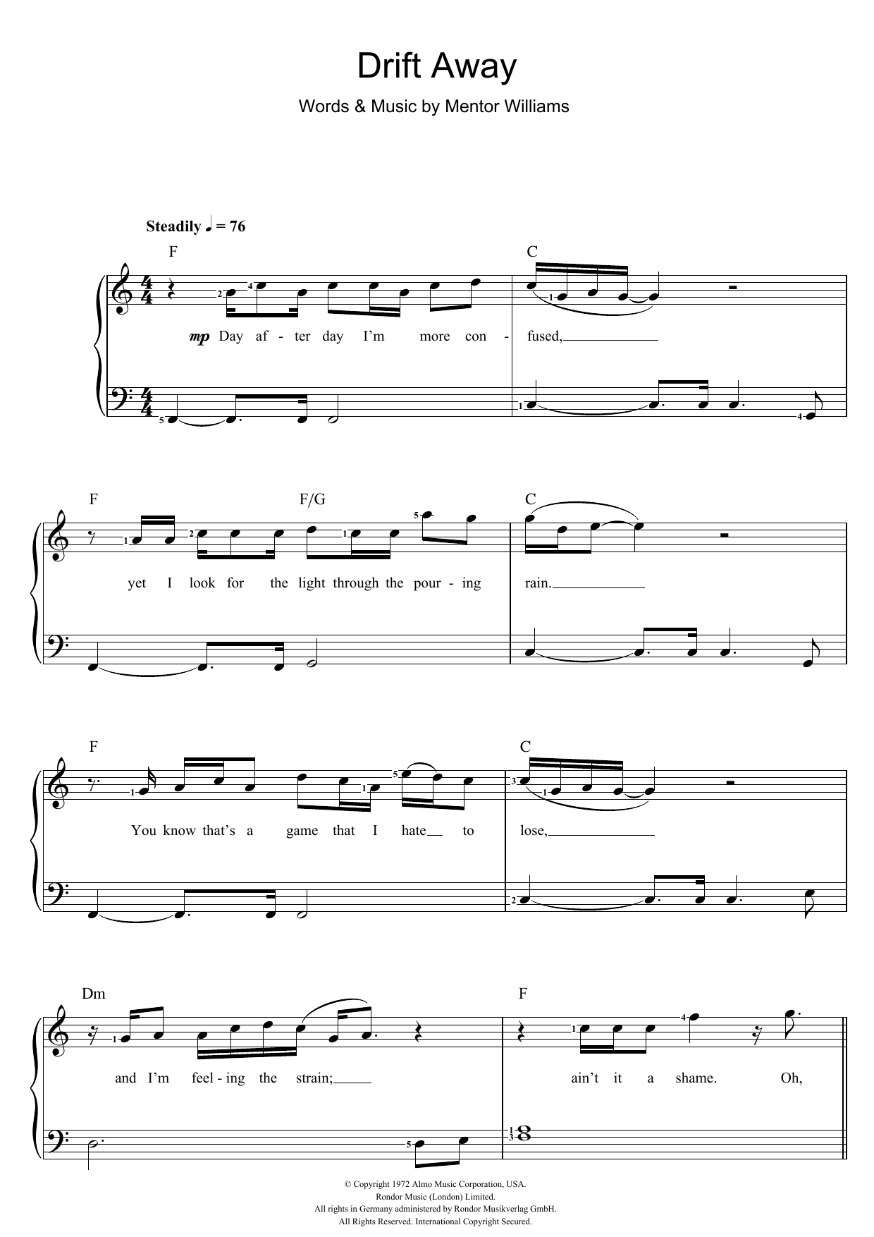Dobie Gray Drift Away sheet music notes and chords arranged for Easy Piano