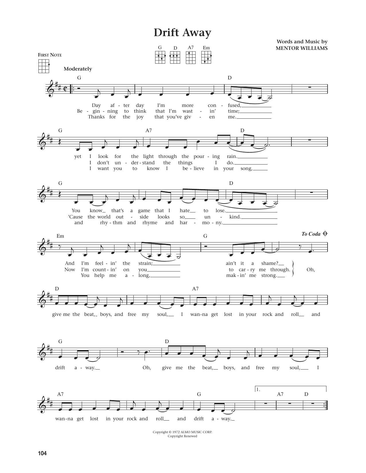 Dobie Gray Drift Away (from The Daily Ukulele) (arr. Jim Beloff) sheet music notes and chords arranged for Ukulele