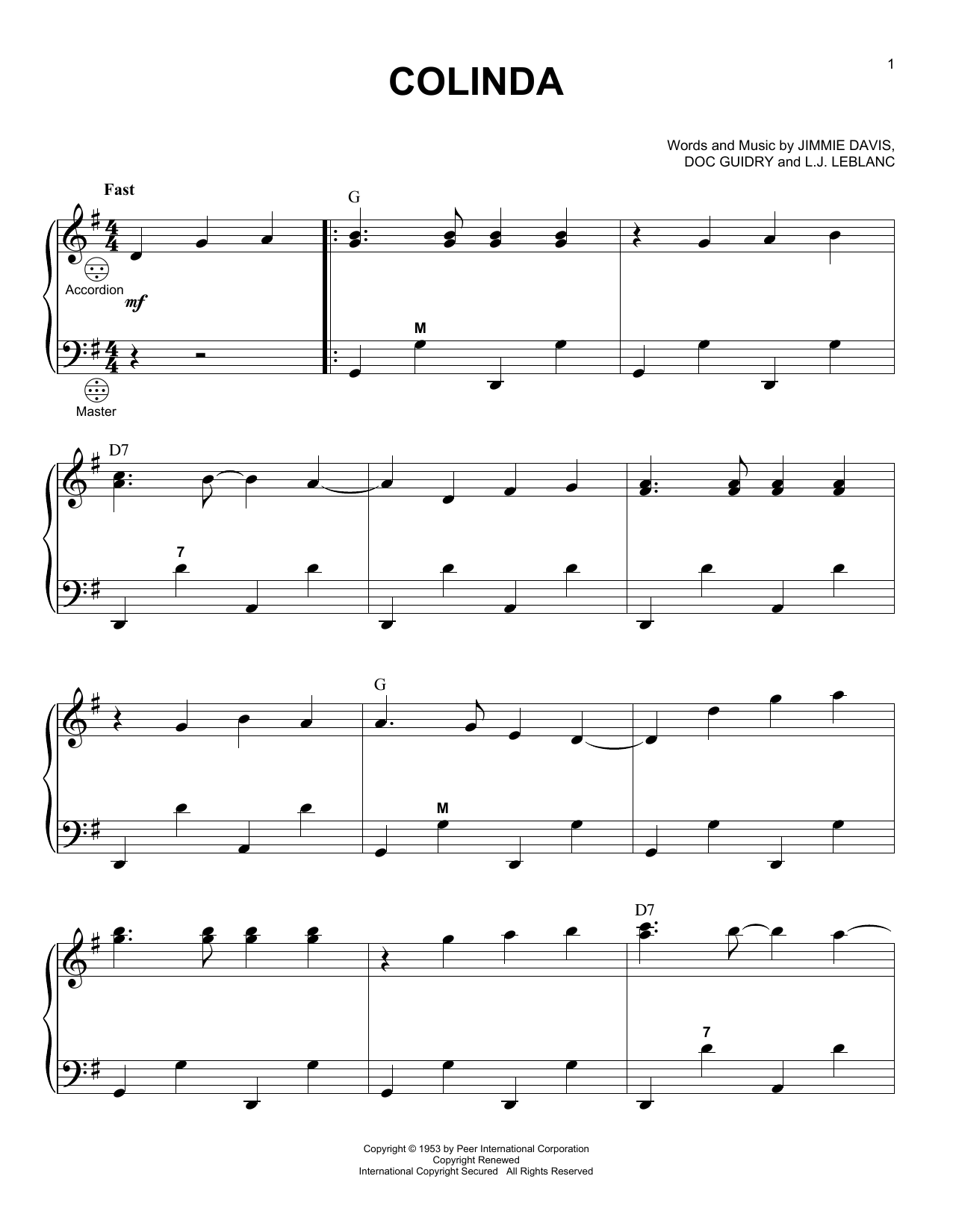 Doc Guidry Colinda sheet music notes and chords arranged for Accordion