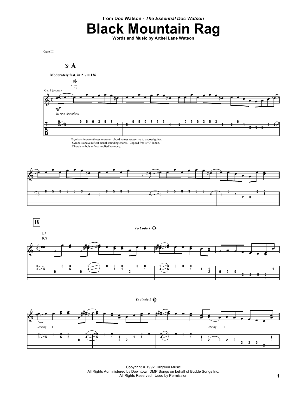 Doc Watson Black Mountain Rag sheet music notes and chords arranged for Guitar Tab