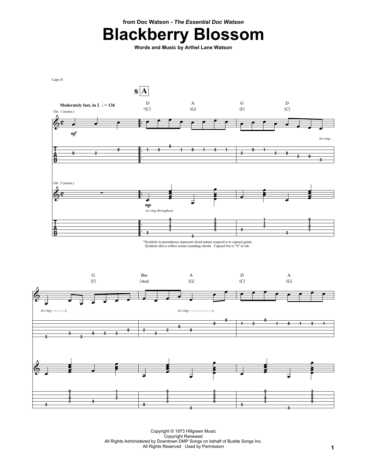 Doc Watson Blackberry Blossom sheet music notes and chords arranged for Guitar Tab