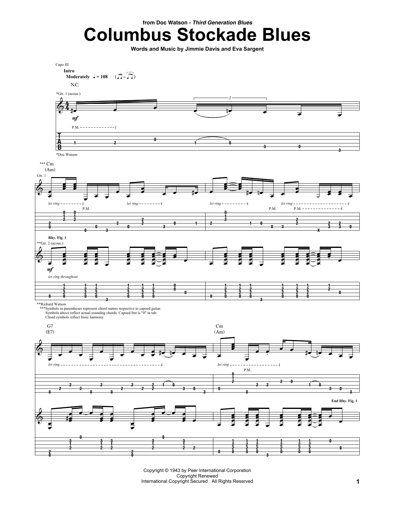 Doc Watson Columbus Stockade Blues sheet music notes and chords arranged for Guitar Tab