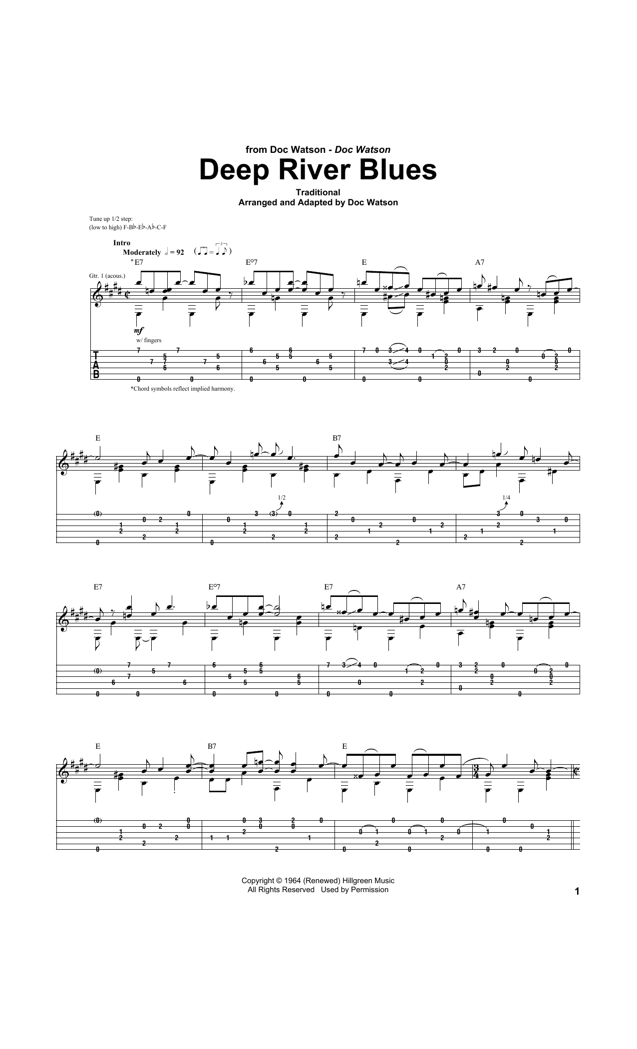 Doc Watson Deep River Blues sheet music notes and chords arranged for Guitar Tab