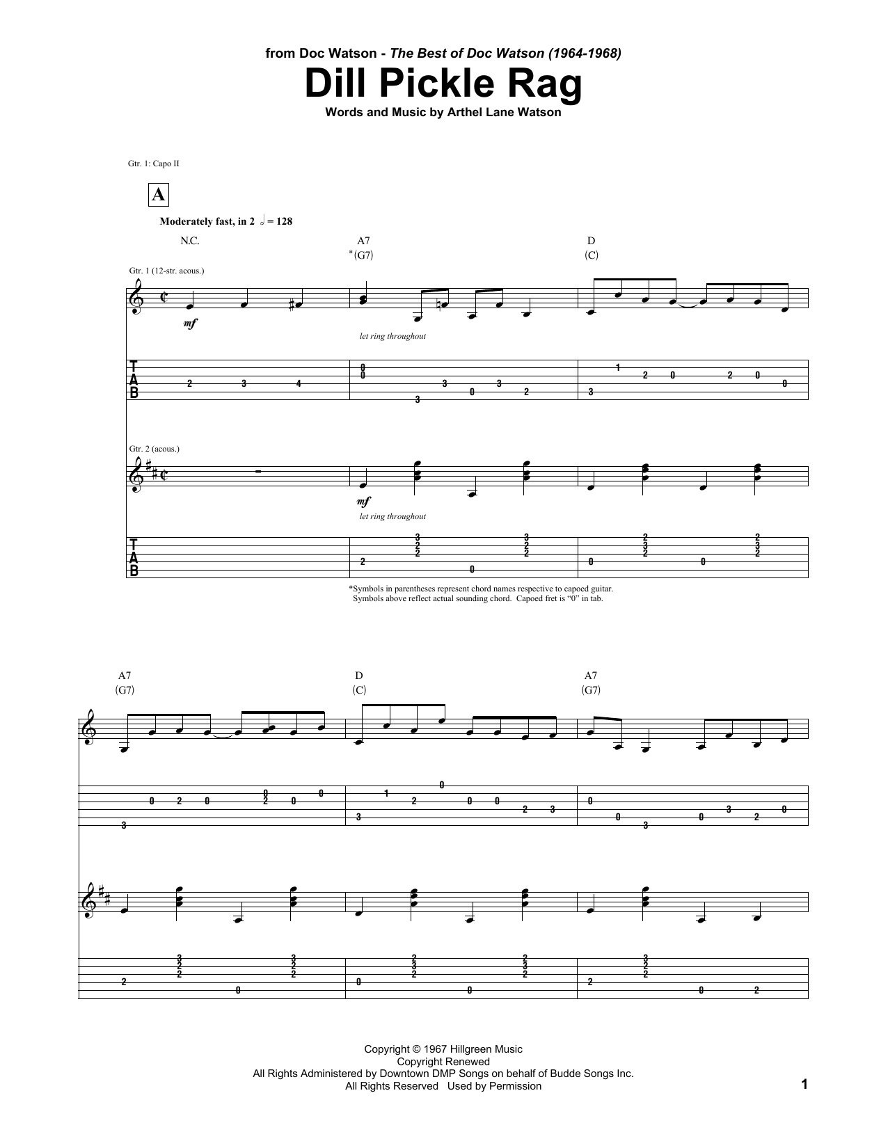 Doc Watson Dill Pickle Rag sheet music notes and chords arranged for Guitar Tab