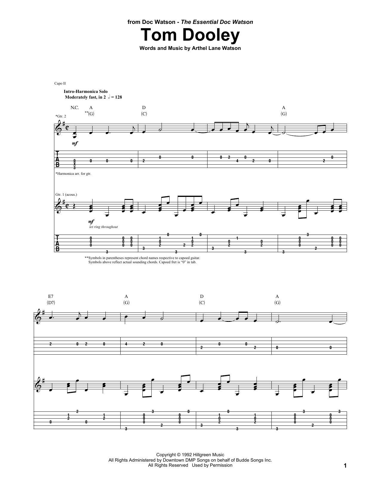 Doc Watson Tom Dooley sheet music notes and chords arranged for Guitar Tab