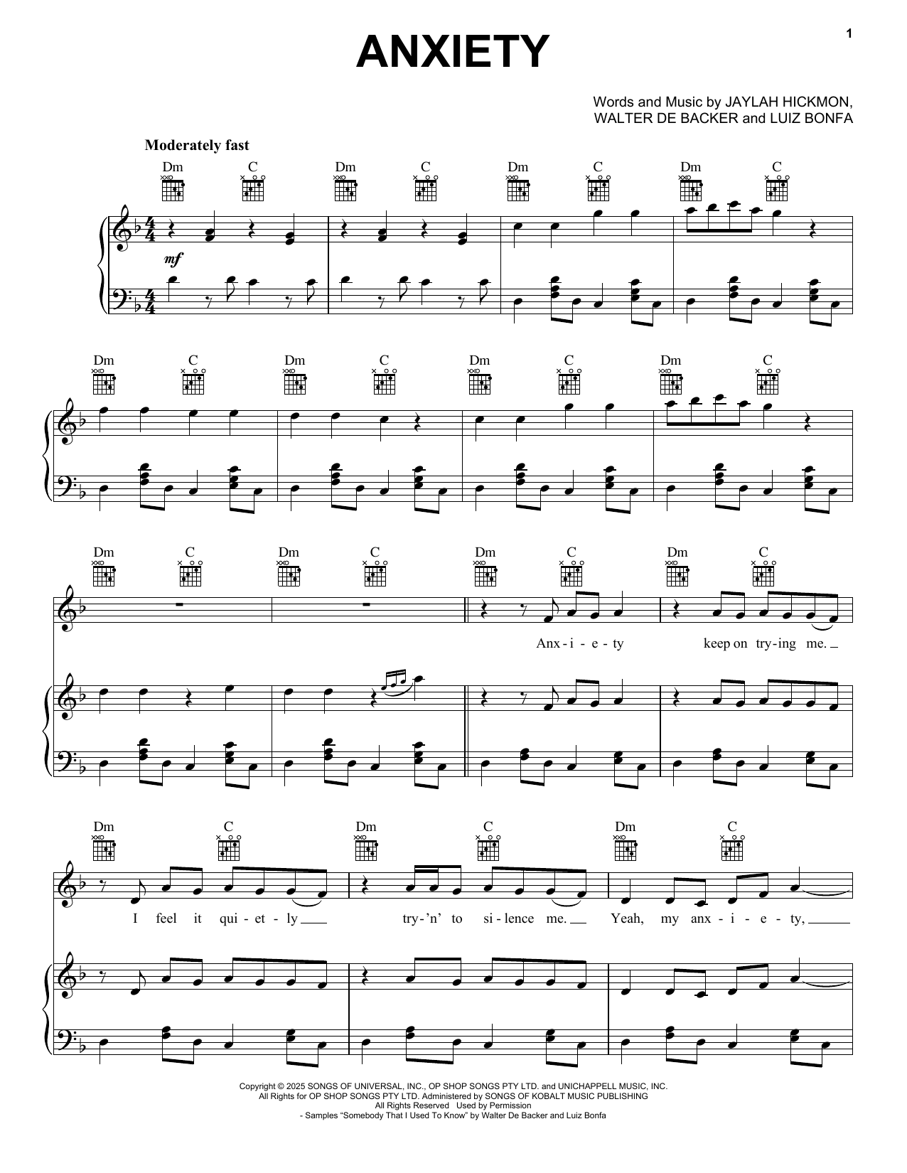 Doechii Anxiety sheet music notes and chords arranged for Piano, Vocal & Guitar Chords (Right-Hand Melody)