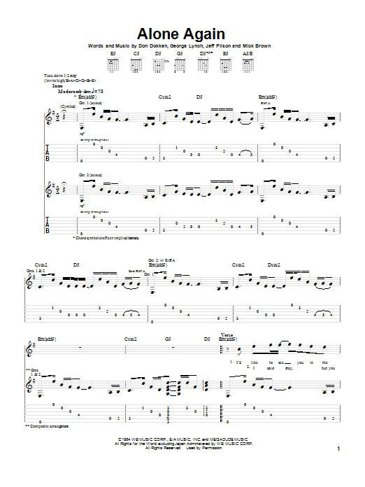 Dokken Alone Again sheet music notes and chords arranged for Guitar Tab (Single Guitar)
