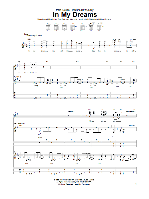 Dokken In My Dreams sheet music notes and chords arranged for Guitar Tab (Single Guitar)