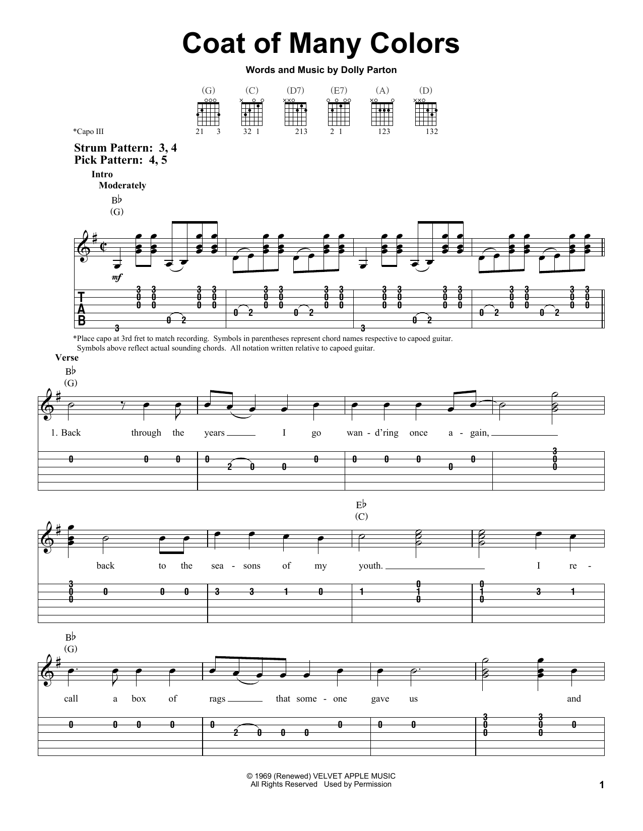 Dolly Parton Coat Of Many Colors sheet music notes and chords arranged for Easy Guitar