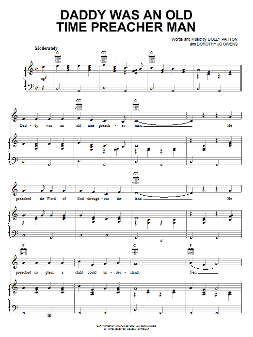 Dolly Parton Daddy Was An Old Time Preacher Man sheet music notes and chords arranged for Piano, Vocal & Guitar Chords