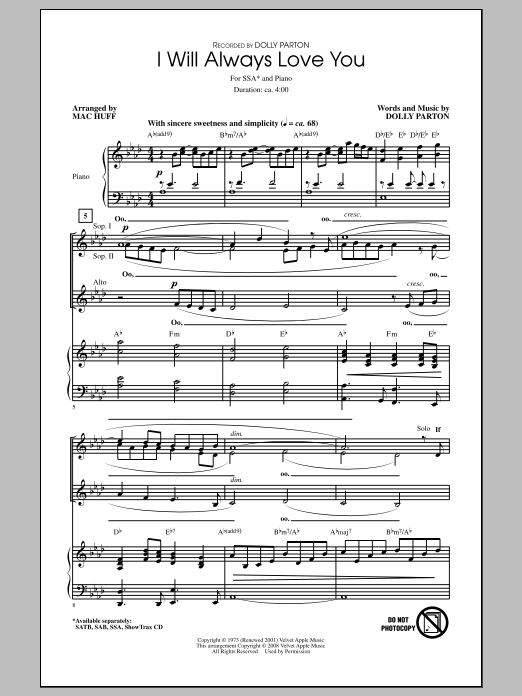 Dolly Parton I Will Always Love You (arr. Mac Huff) sheet music notes and chords arranged for SATB Choir